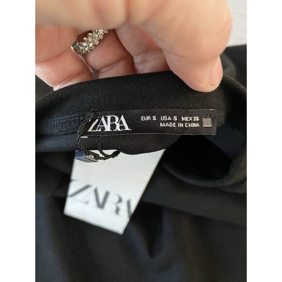 NWT Zara Sz S Faux Suede Black Shift Dress Short Slv Gold Buttons - Picture 8 of 12